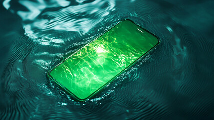 Smartphone submerged in vibrant green water, creating ripples and reflections, evoking a sense of tranquility