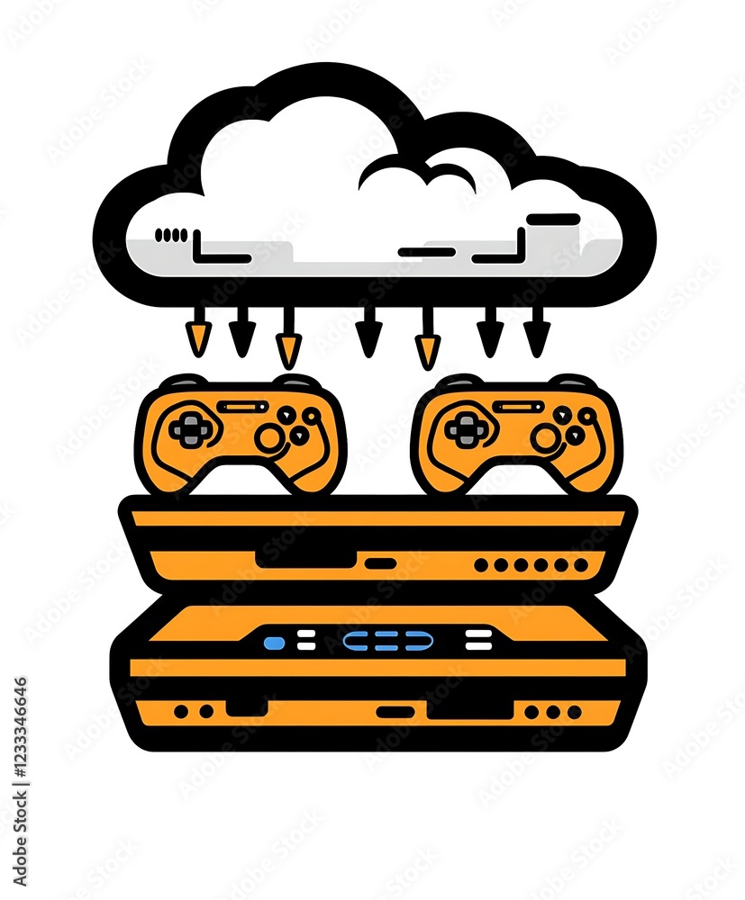 Poster cloud-based gaming system with two orange controllers downloading data