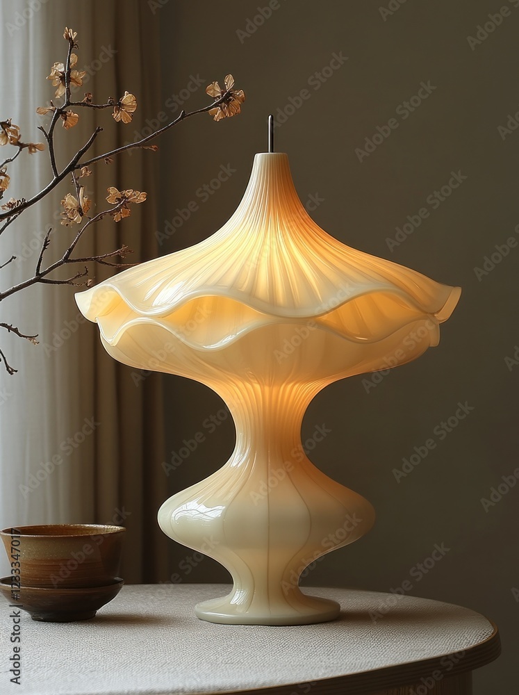 Poster elegant cream table lamp with pleated shade, illuminating a side table.