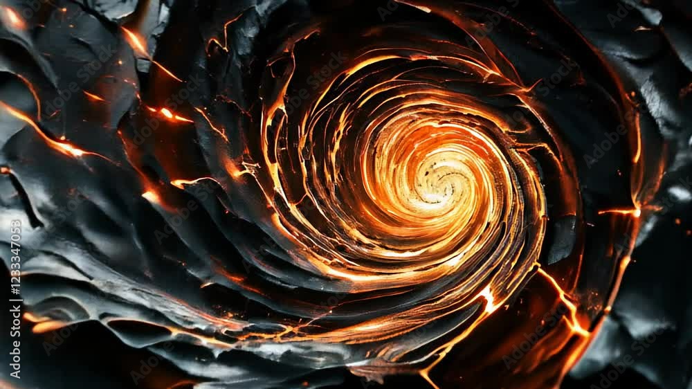Poster fiery vortex: an abstract swirl of molten lava and dark, fractured stone, creating a mesmerizing and