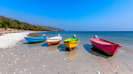 Fototapeta premium Colorful fishing boats on beach, clear sky, coastal landscape, travel photography