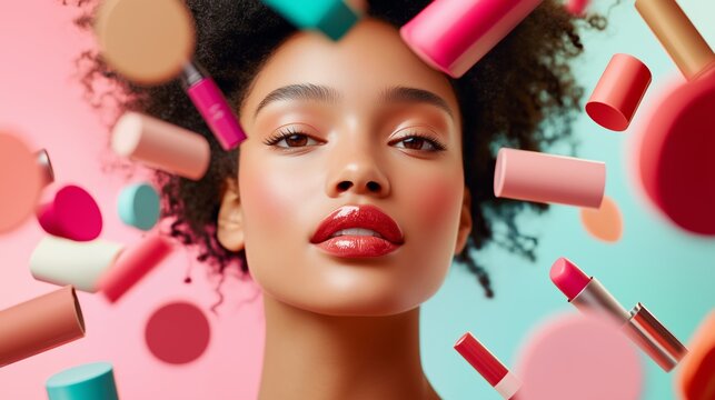 Beauty portrait highlighting flawless complexion, glossy red lips, surrounded by colorful makeup products floating dynamically, showcasing professional cosmetic styling