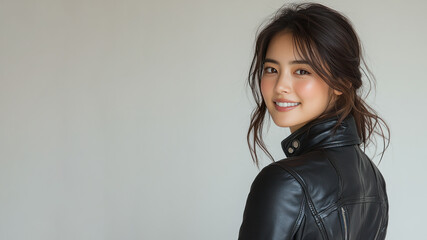 Fototapeta premium Korean happy woman wearing black leather jacket smiling isolated on white background