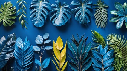 Tropical leaves collection, blue foliage plants on blue space background.