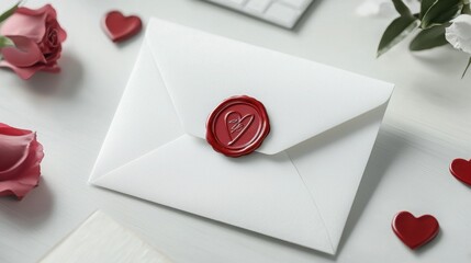 Wax seal stamp on white envelope decorated with red hearts for valentines day love letter mockup