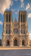 Grand cathedral facade at sunset