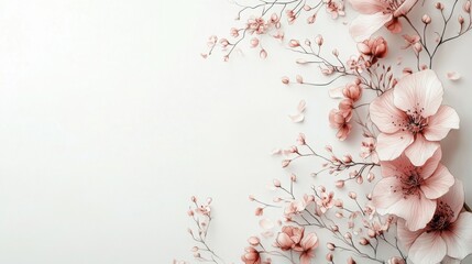 Pink flowers on white background with minimalist wedding announcement banner design for invitations and announcements