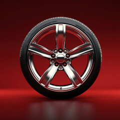 Obraz premium Shiny alloy wheel with tire on red background, showcasing modern design and craftsmanship. Perfect for automotive enthusiasts and car accessories