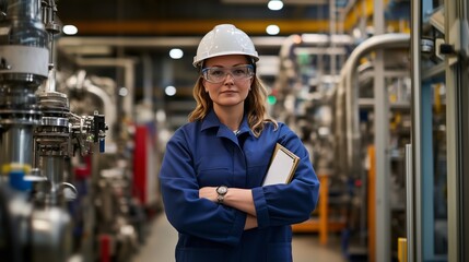 Professional female engineer standing confidently in factory interior, wearing hardhat, safety glasses, clipboard in hand, crossed arms signaling technical competence