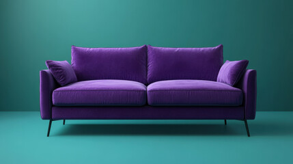 sleek purple sofa with plush cushions against teal background, perfect for modern interiors. This stylish piece adds pop of color and comfort to any living space