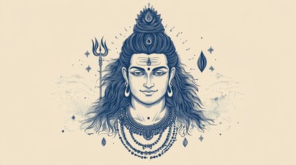 4.An intricate line art vector design of Aadi Yogi Mahadev, capturing the peaceful and powerful aura of Lord Shiva. The design includes detailed elements such as the trident, the Ganga flowing from