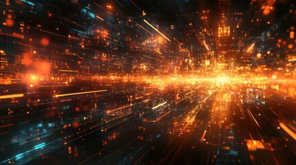 Obraz premium Abstract digital data stream, futuristic city, technology background, website header