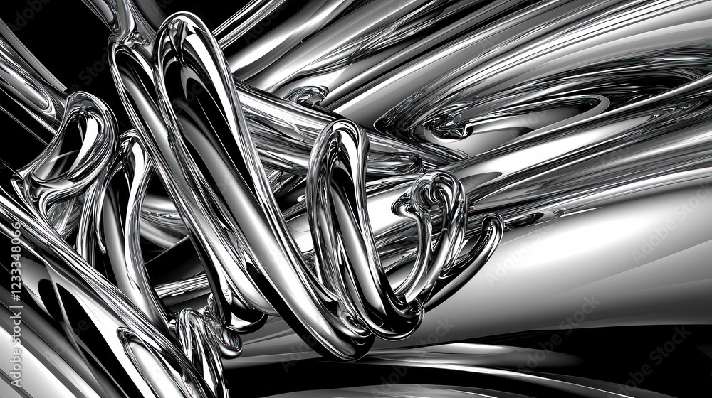 Poster abstract chrome swirls: a digital masterpiece of metallic reflections and fluid forms