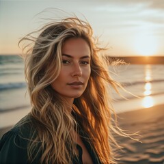 Dreamy sunset woman with windswept hair by the sea 