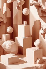 Photorealistic composition of geometric shapes in beige and white tones with clean space
