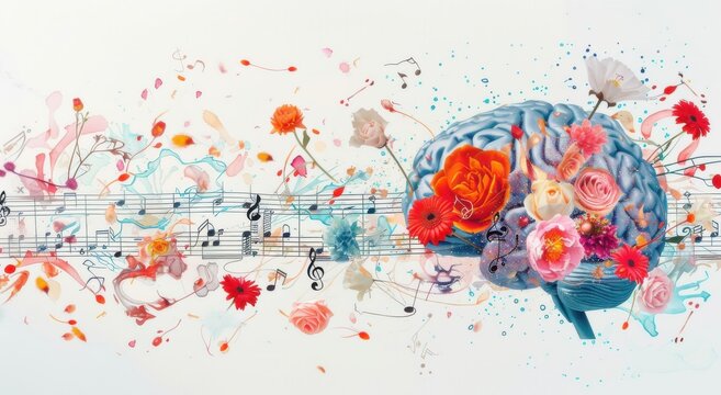 The human brain comes to life with vibrant flowers and musical notes, representing the beauty of creative thinking and inspiration.