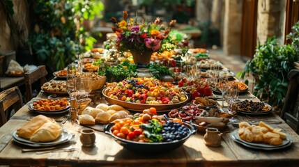 Fototapeta premium A Long Wooden Table Is Laden With A Bountiful Feast Of Colorful Foods, Creating A Vibrant And Inviting Scene.