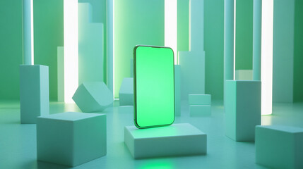 Modern smartphone displayed on a pedestal in a futuristic green-lit environment with geometric shapes