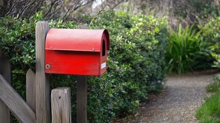 A red mailbox beside a gravel path and lush greenery.