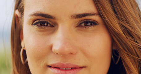 Peaceful, portrait and wellness with woman outdoor in nature for holiday, travel or vacation in summer. Relax, sunshine and quiet with satisfied tourist person in Australia for weekend getaway