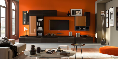 Modern living room with orange accent wall sleek black furniture