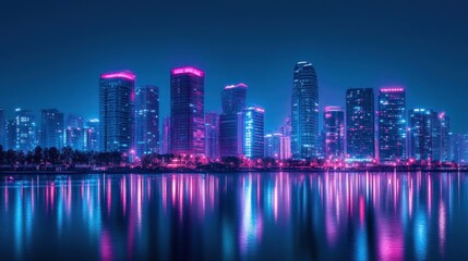 Fototapeta premium Vibrant city skyline at night with colorful reflections in water.