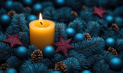 A festive arrangement featuring a yellow candle surrounded by pine branches and ornaments.