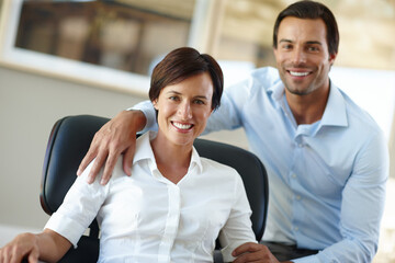 Smile, business and portrait of couple in office with confidence, support and collaboration at HR consultancy. Man, woman and team partnership at advisory agency with labor law for career management