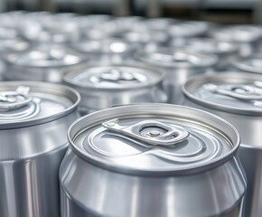 Close-up of aluminum cans, symbolizing mass production in the food industry