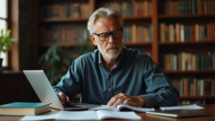 The image shows an elderly man sitting at a wooden desk in front of a bookshelf. He is wearing a blue collared shirt and has a white beard and glasses.
