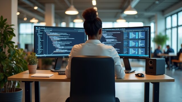 The image shows a woman sitting at a desk in an office, working on two computer monitors. She is wearing a white shirt and has her hair tied up in a bun.