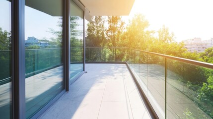 Fototapeta premium A contemporary balcony with a glass railing allowing uninterrupted sunlight.