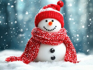 A cheerful snowman wearing a red hat and scarf, surrounded by falling snow in a winter scene.