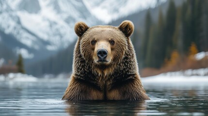 Obraz premium Brown bear bathing in a mountain lake in winter