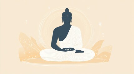 55.A modern, minimalist vector illustration of Lord Mahavira, representing peace and enlightenment. The depiction features Mahavira sitting in a meditative position, with simple robes and a calm