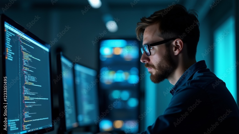 Poster the image shows a young man sitting in front of multiple computer monitors in a dark room. he is wea