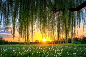 A serene sunset casting golden hues under the sweeping branches of weeping willows, with dandelions in full bloom scattered across a grassy field.