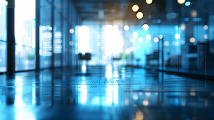 A modern office interior with blue lighting and reflections, creating a serene atmosphere.