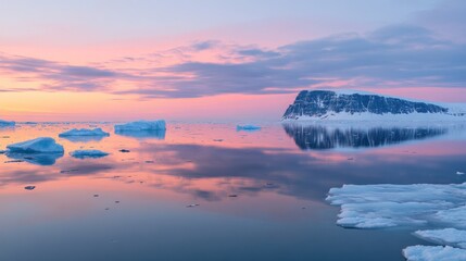 Serene sunset over calm arctic waters with icebergs and mountain reflection.