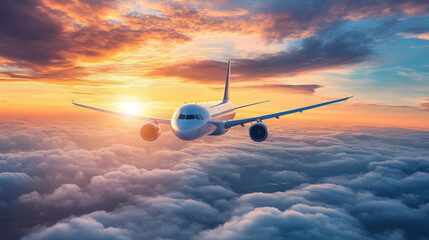 commercial airplane flying above clouds during vibrant sunset, showcasing beauty of travel and adventure in sky