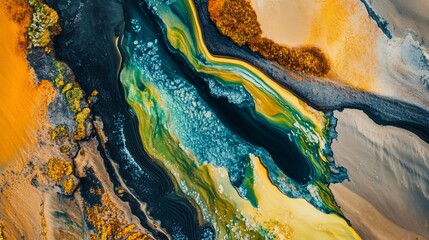Abstract landscape with flowing colorful streams and sandy textures, captured from above
