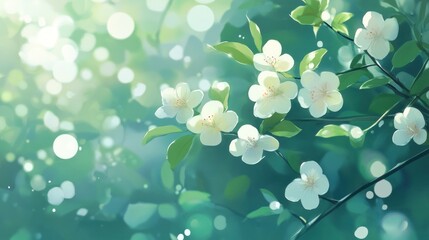 White Blossoms Bask in Sunlight Green Leaves