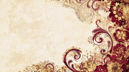 64.A classic and luxurious Indian wedding invitation card design featuring vintage-inspired artwork. The card incorporates traditional elements like intricate floral patterns, paisleys, and gold