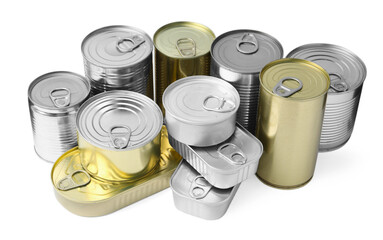 Many closed tin cans isolated on white