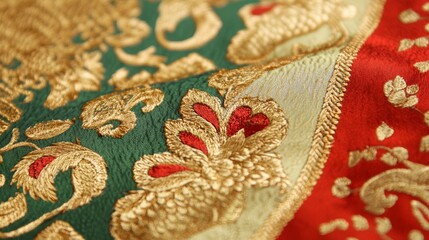 65.A refined vintage-style Indian wedding invitation card, combining intricate gold patterns, elegant borders, and rich red and green tones. The design incorporates symbolic elements like paisleys