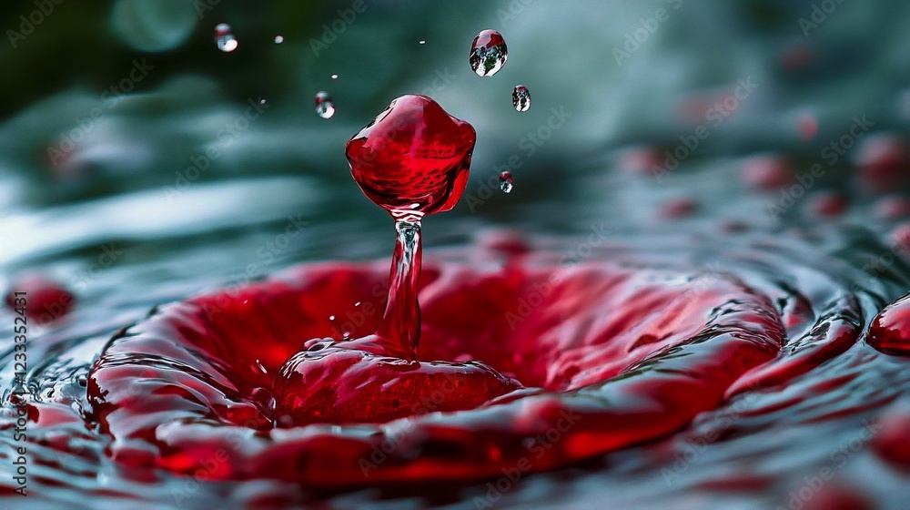 Poster a captivating close-up of a red liquid drop splashing into a pool, creating a mesmerizing pattern