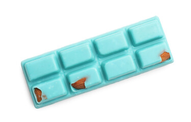 One bright chocolate bar with almonds isolated on white, top view