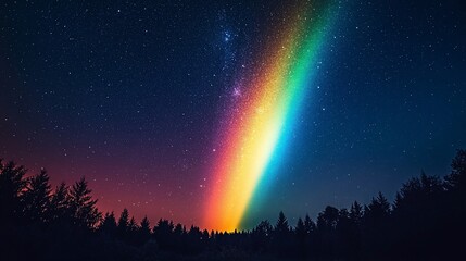 A Celestial Spectacle: A Radiant Rainbow Cuts Through the Starry Night Sky over Dark Trees