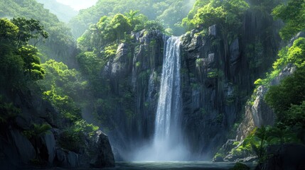 Lush jungle waterfall cascades into pool, scenic background, travel poster