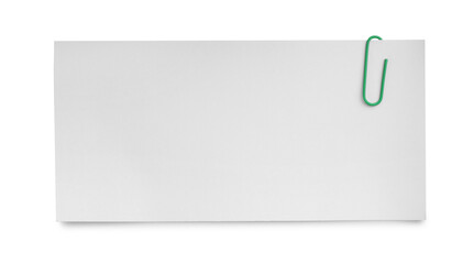 Blank paper sheet attached with clip isolated on white, top view